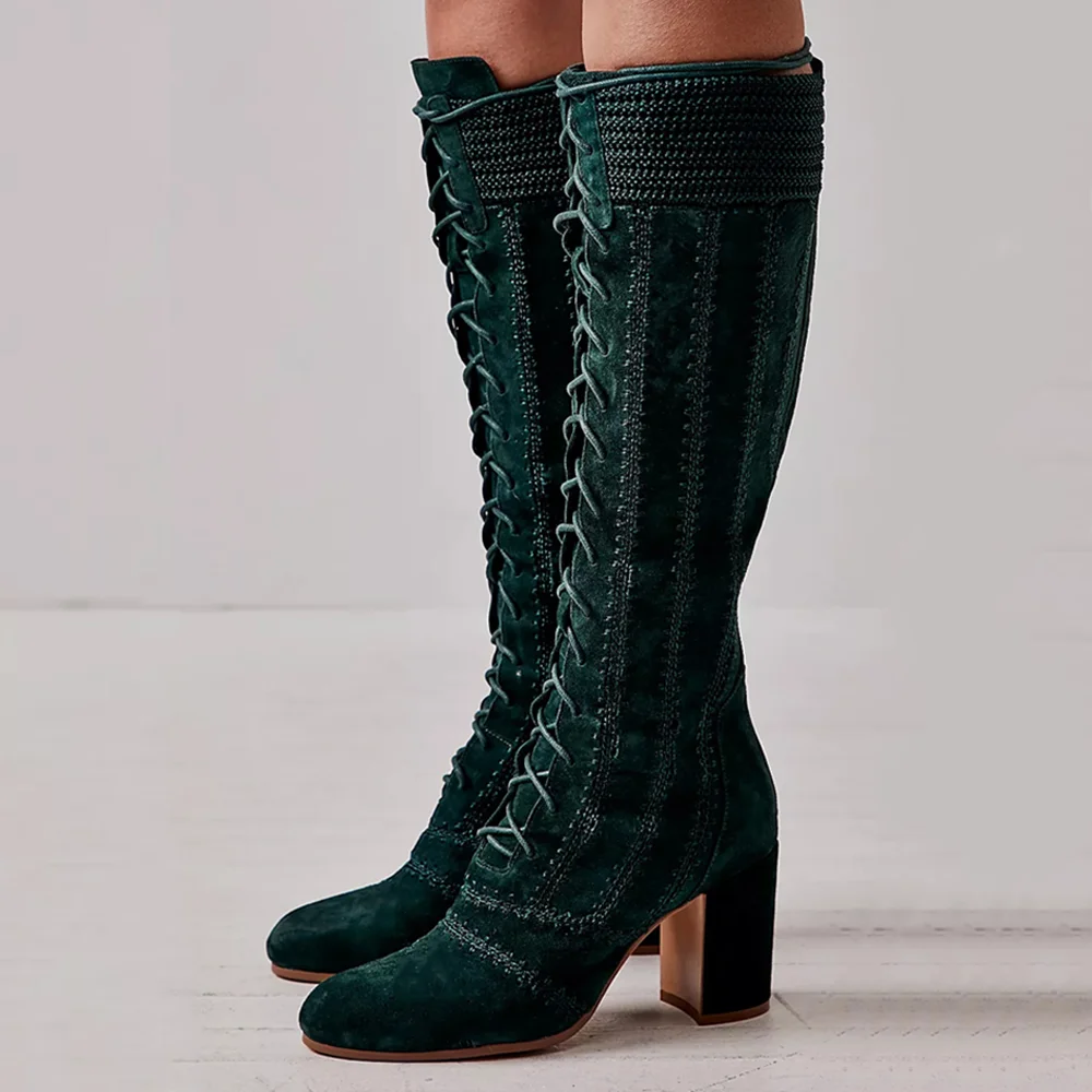 Dark Green Vegan Suede Sewed Knee Lace Up Boots with Block Heels Nicepairs
