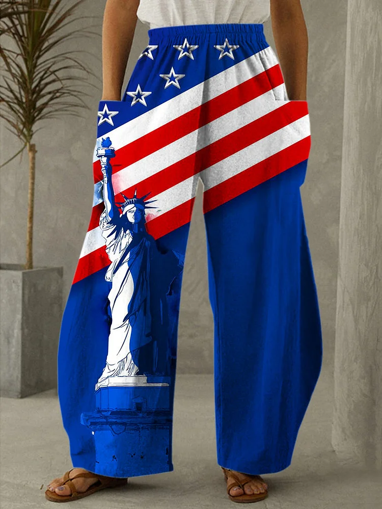 Star Stripe Statue Of Liberty Print Casual Pants