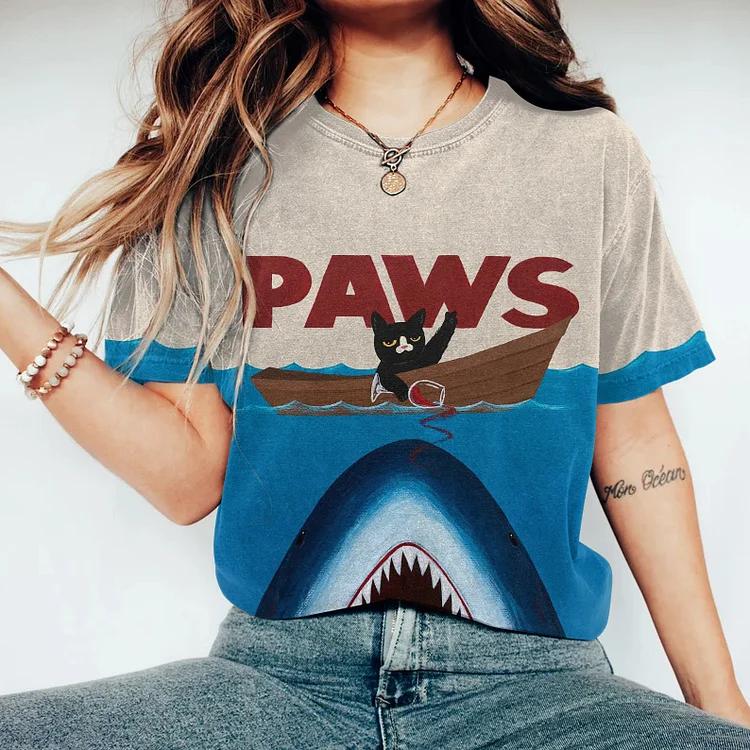 Comstylish Shark Cat Print Crew Neck Short Sleeve T-Shirt
