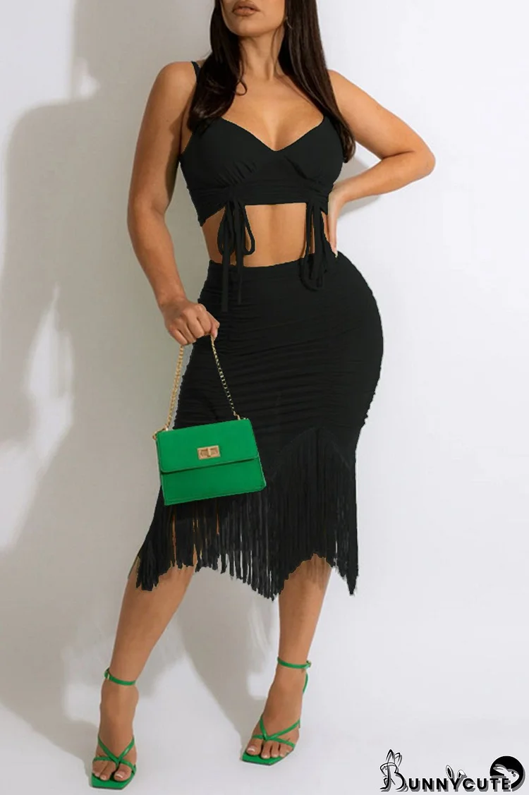 Black Fashion Sexy Solid Tassel Backless Fold Spaghetti Strap Sleeveless Two Pieces