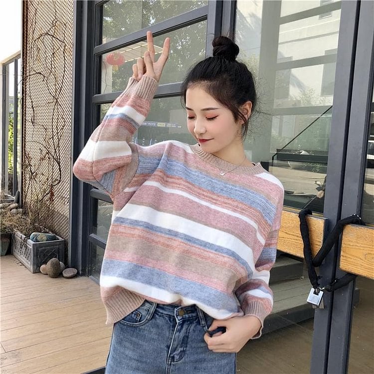 Sweet Rainbow Striped Knitted Sweater SS1094