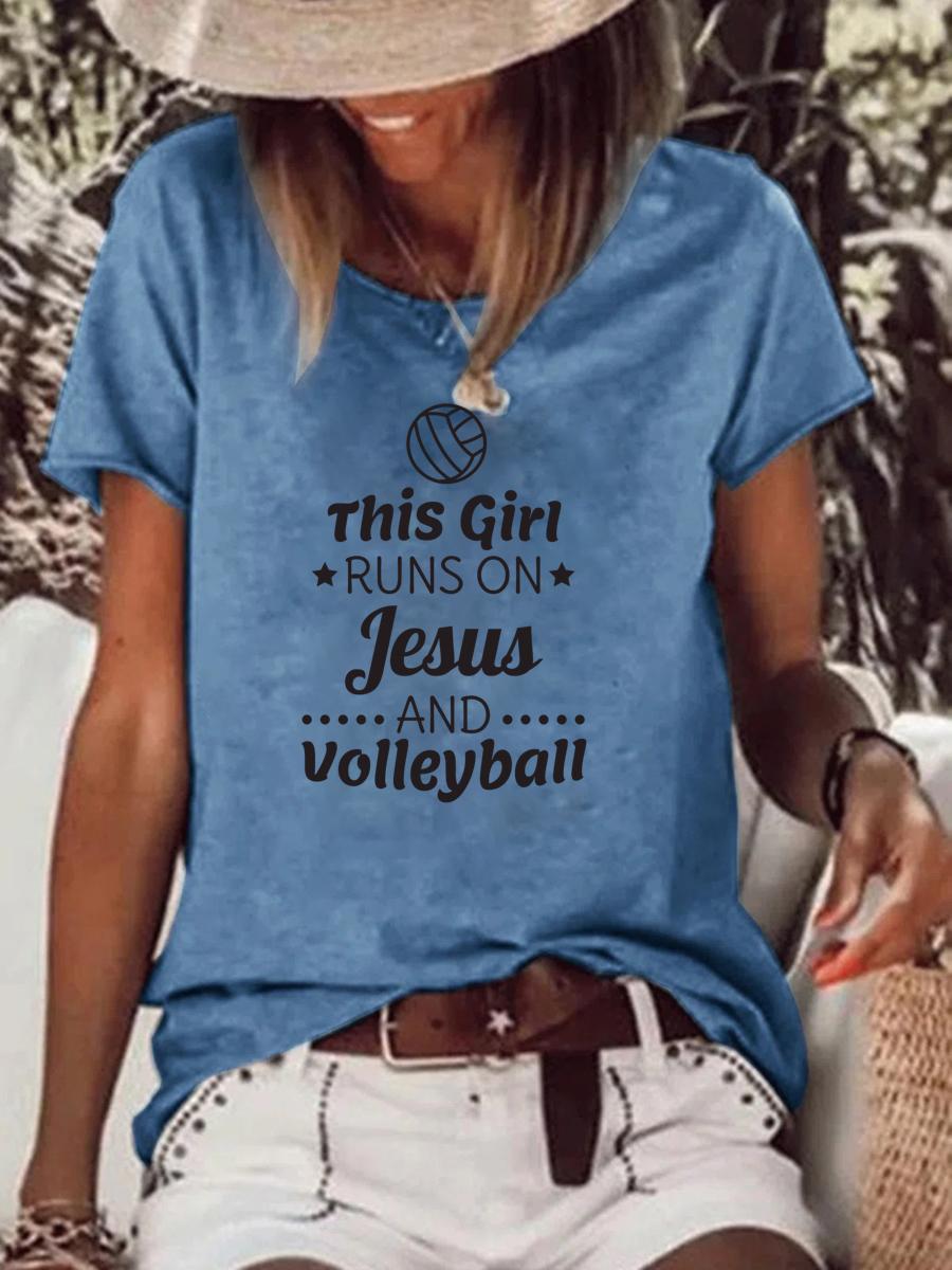 Volleyball Gift, Runs on Jesus Raw Hem Tee-Guru-buzz