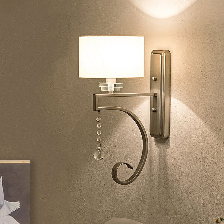 1 Bulb Crystal Wall Sconce Traditional Bedroom Wall Lighting Fixture with Drum Fabric Shade in Nickle