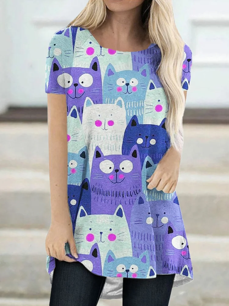 Funny Cat Crowd Print Comfy T Shirt
