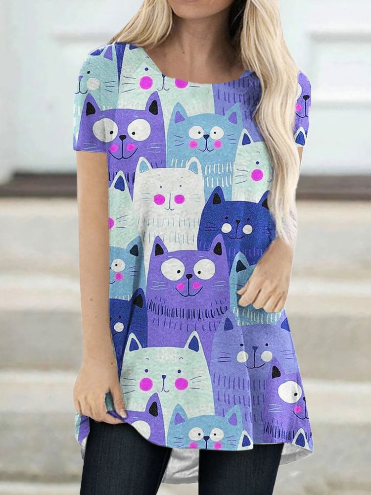 Funny Cat Crowd Print Comfy T Shirt