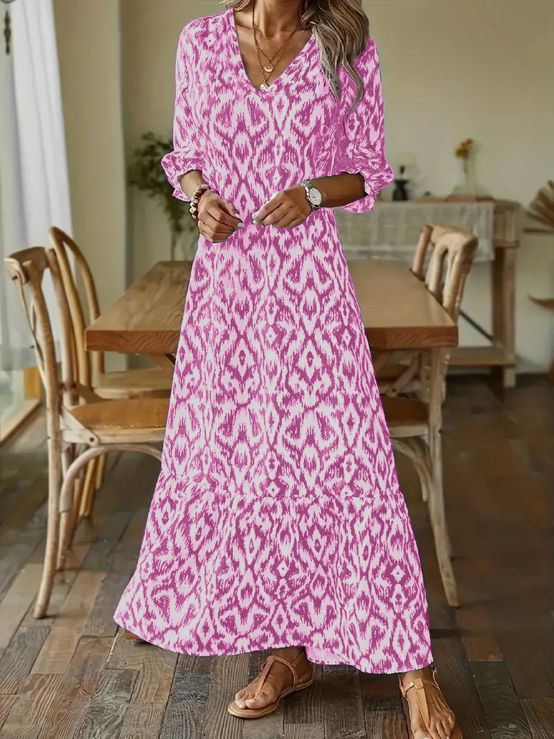 Black long-sleeved V-neck floral dress