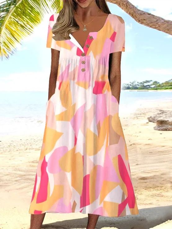 Women's Pink V-Neck Short Sleeve Printed Maxi Dress