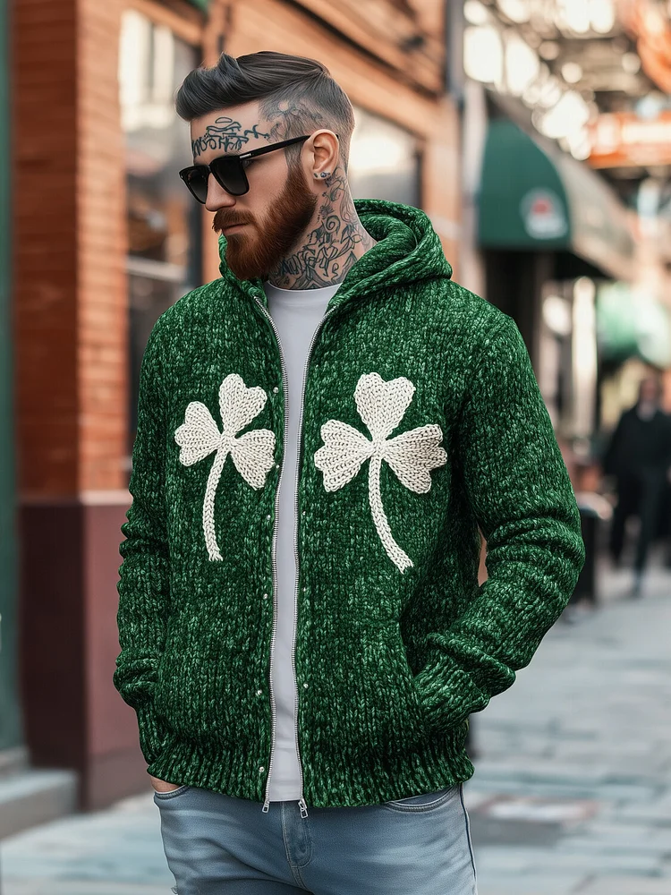 Men's St. Patrick's Day Clover Print Zip Up Knit Hooded Jacket