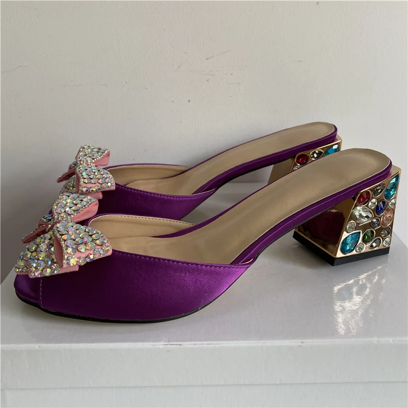 TAAFO Diamond Butterfly-flower Sandals Women Rhinestone Square Heel Slingbacks Peep Toe Modern Mules 