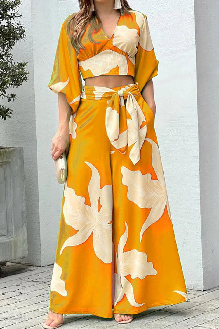 Orange Casual Print Patchwork V Neck Three Quarter Two Pieces