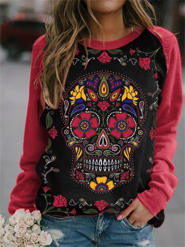 Vefave Floral Sugar Skull Contrast Color Sweatshirt
