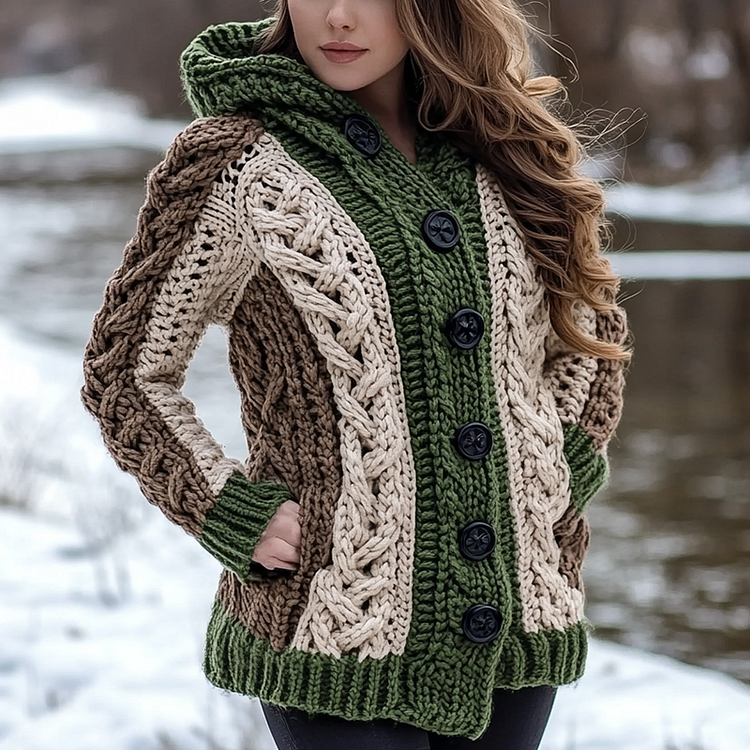 Women's Irish Celtic Knot Jacquard Ireland's Contrast Hooded Sweater