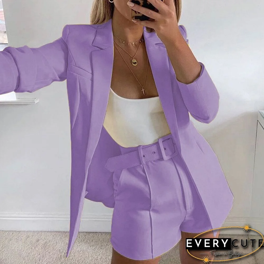New Spring And Summer Suit Jacket Shorts Sexy Temperament Women's Fashion Casual Lapel Cardigan Fashion Belt Women's Wear Set