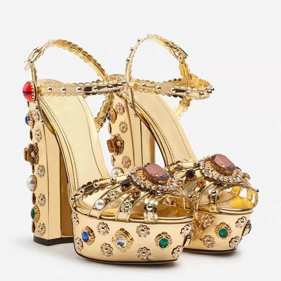 VCSHOES Gold Peep Toe Platform Rhinestone Sandals