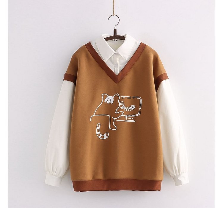 Cartoon Print Mock Two Piece Sweatshirt TY248