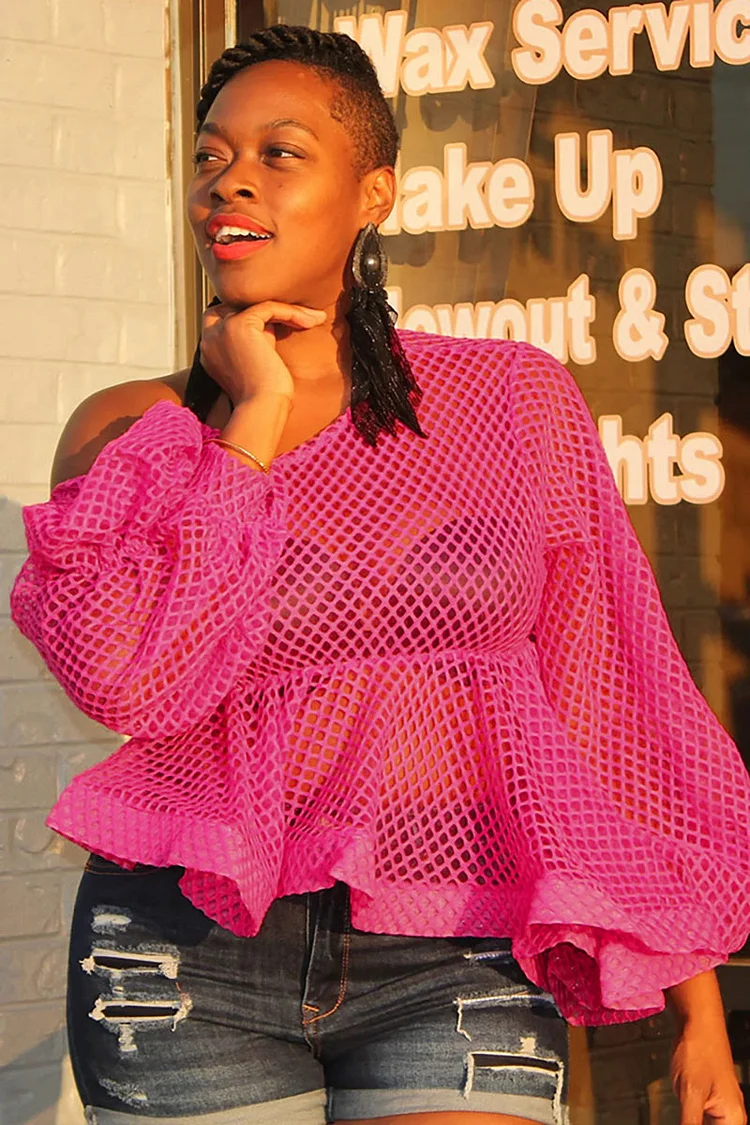 Crochet Off Shoulder Lantern Sleeve A-Line Ruffled Cover Ups Top