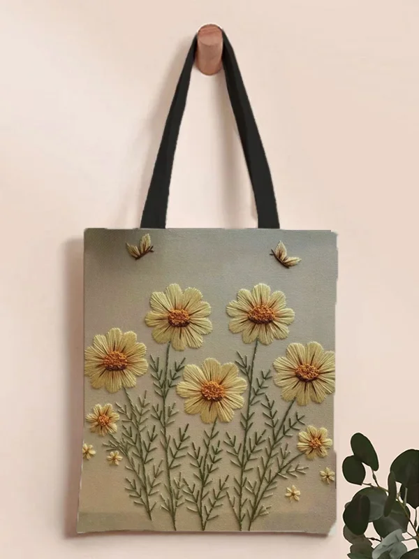 Women's Embroidery Flower Art Floral Print Shoulder Tote Bag