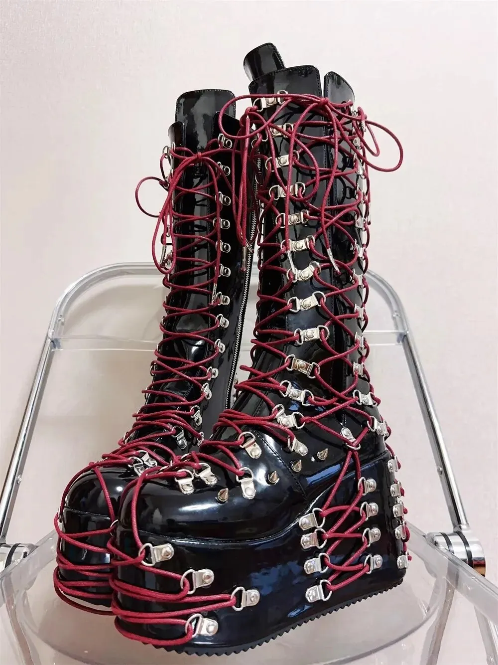 VCshoes Women Motorcycle Boots Woman High Thick Heels Pumps Cool Lady Knight Boots Girl Punk Gothic Long Boots Shoes