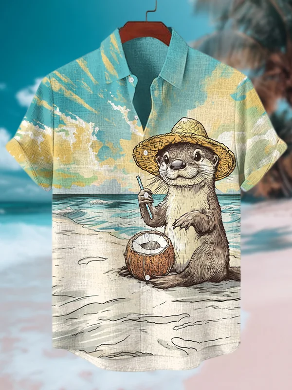 Men's The Otter On The Beach Drinks Coconut Water Print Shirt