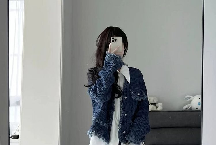 Set: Frayed Button-Up Denim Jacket + Midi A-Line Skirt Bw7