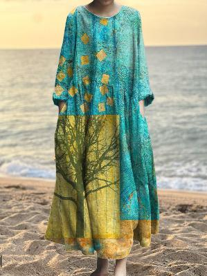 Vintage Art Print V-Neck Button Pocket Cotton Dress
