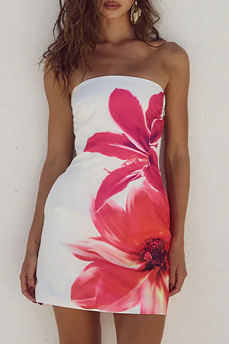 Floral Print Slim Fit A-Line Mini Tube Dresses-White