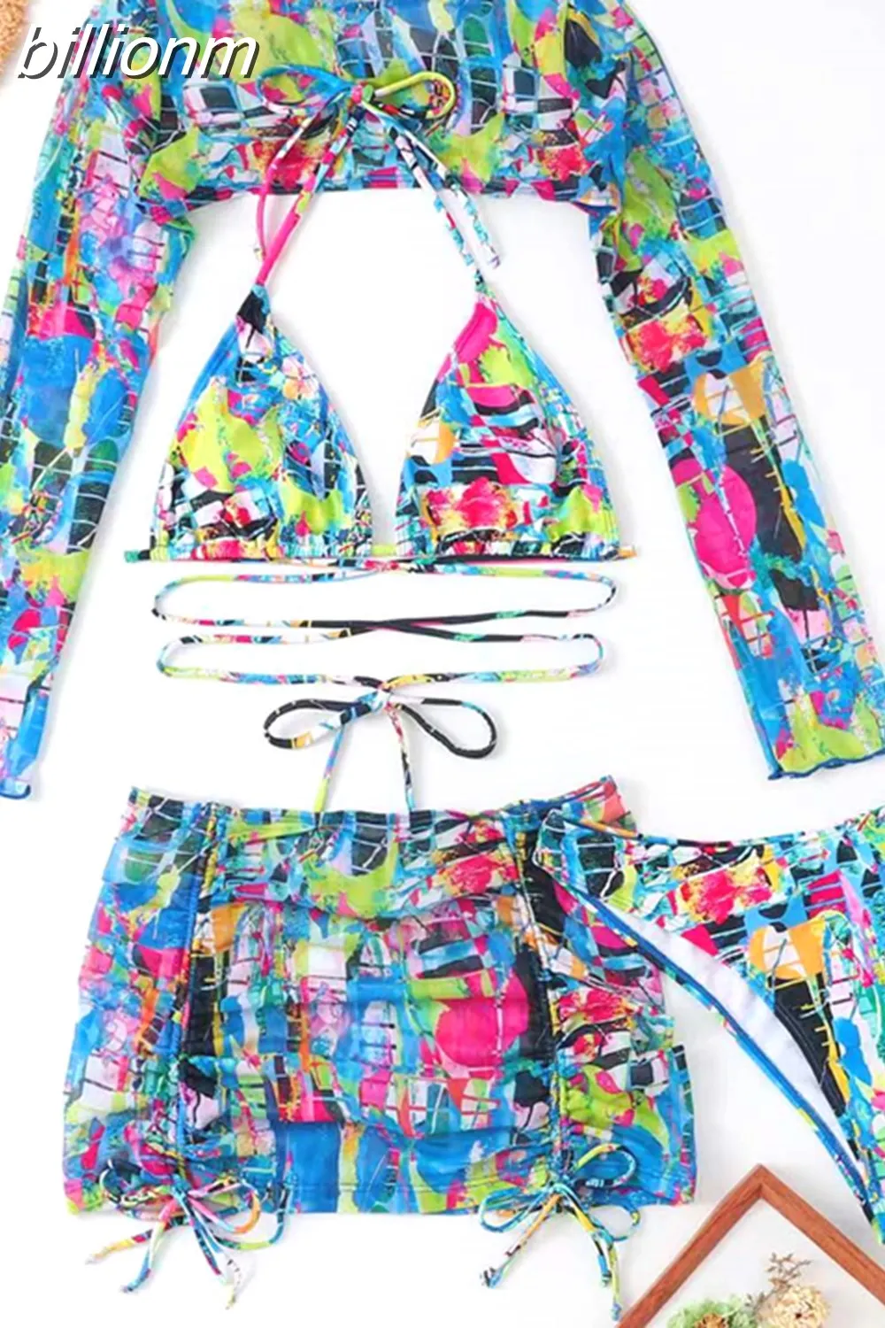 Billionm Beach Graffiti Floral Print 4 Piece Set Sexy Tops Bikini