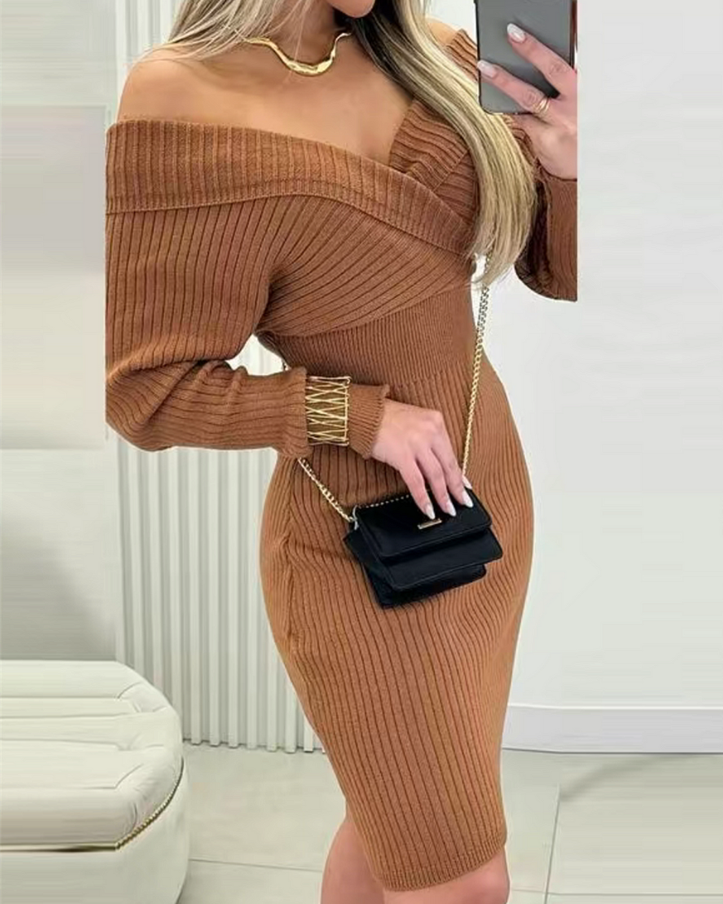 V Neck Off The Shoulder Long Sleeved Knitted Slim Fit Dress