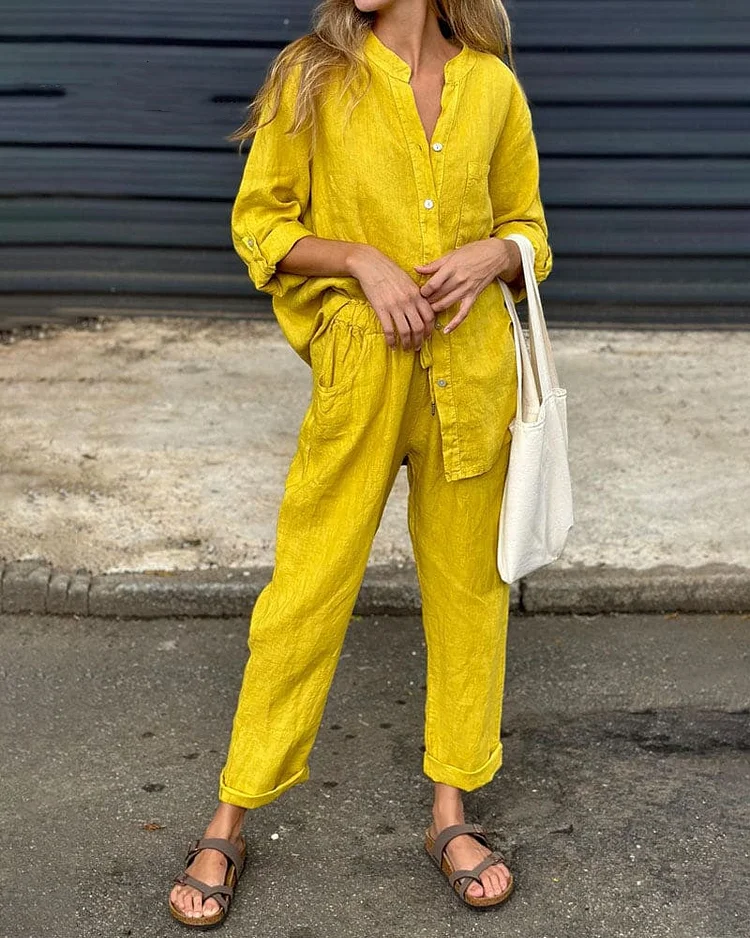 Women's 2-piece set Large size cotton and linen shirt suit High waist loose trousers socialshop