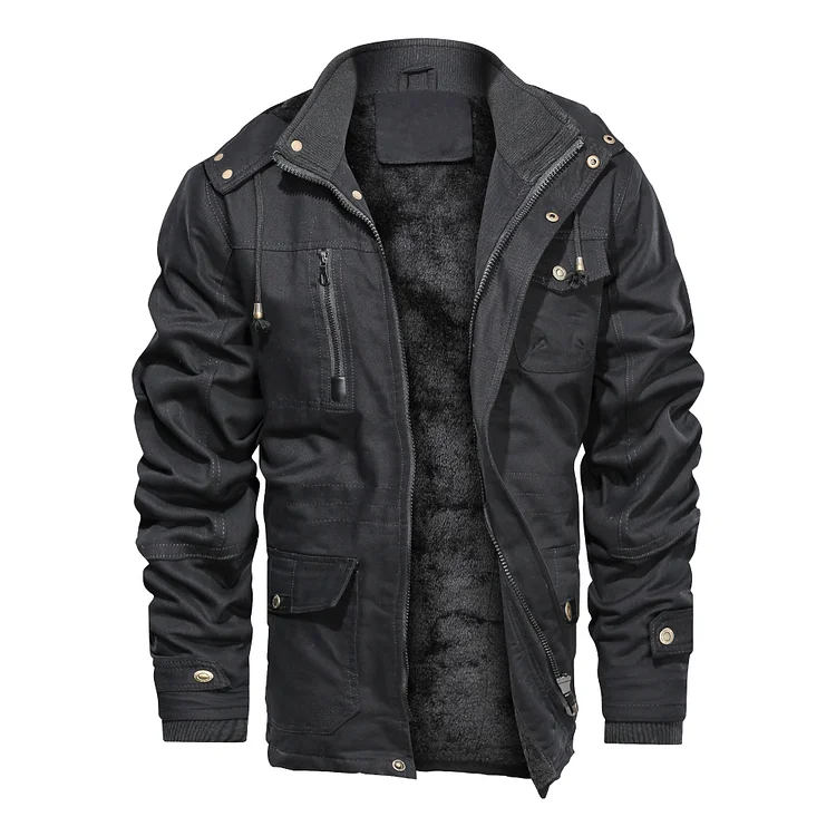 Men's jacket retro military uniform tooling multi-pocket jacket hooded cotton jacket plus velvet