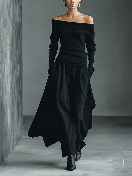 Women's Black Knit Off-Shoulder Fitted Top And Woven Fabric Skirt Set
