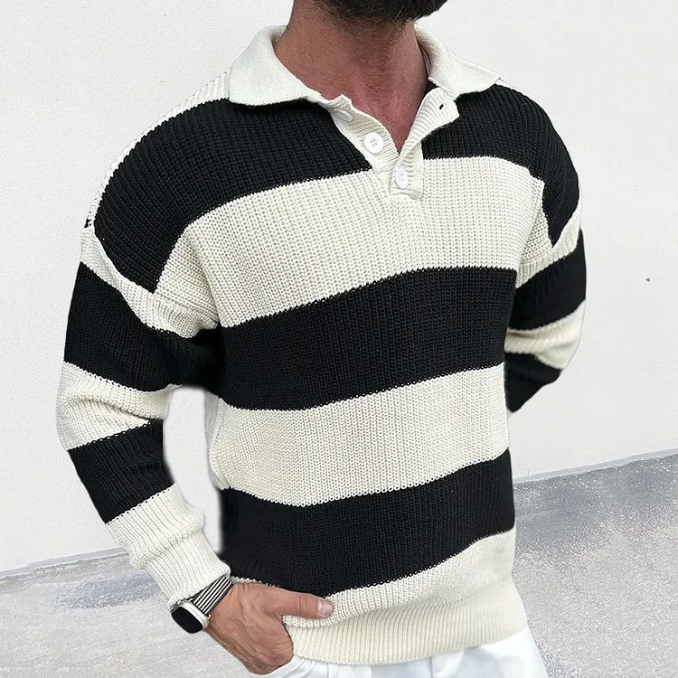 TIMSMEN Retro Striped Knitted Polo Collar Long-Sleeved Sweater        