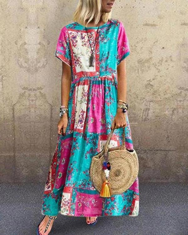 Summer Printed Pleated Round Neck Short Sleeve Dress