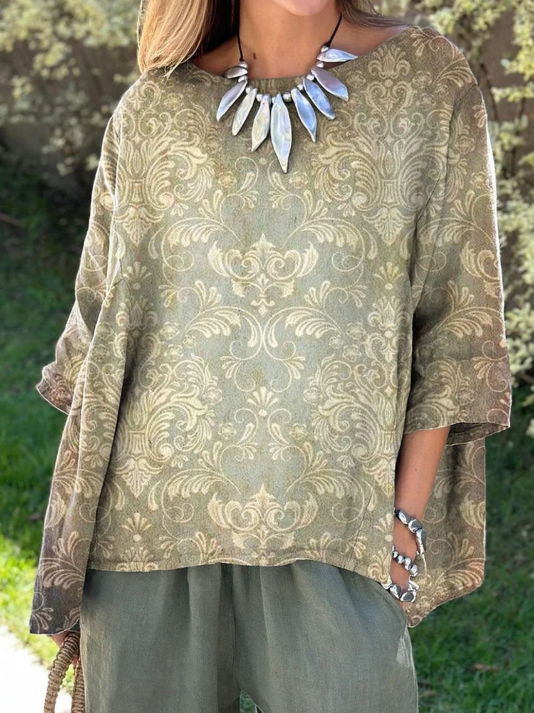 Women's Retro Elegant Ethnic Floral Art Print Casual Cotton And Linen Shirt