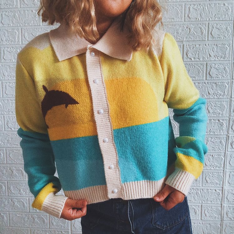 Comstylish Casual Dolphin Lapel Button Long-Sleeved Knitted Sweater