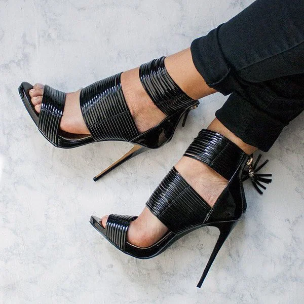 FSJ Black Patent Leather Open Toe Strappy Heels for Women |FSJ Shoes