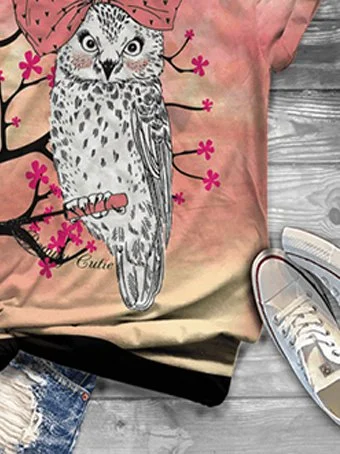 Bestdealfriday Bowknot Owl Print Crew Neck Short Sleeve Casual T-Shirt 9343051