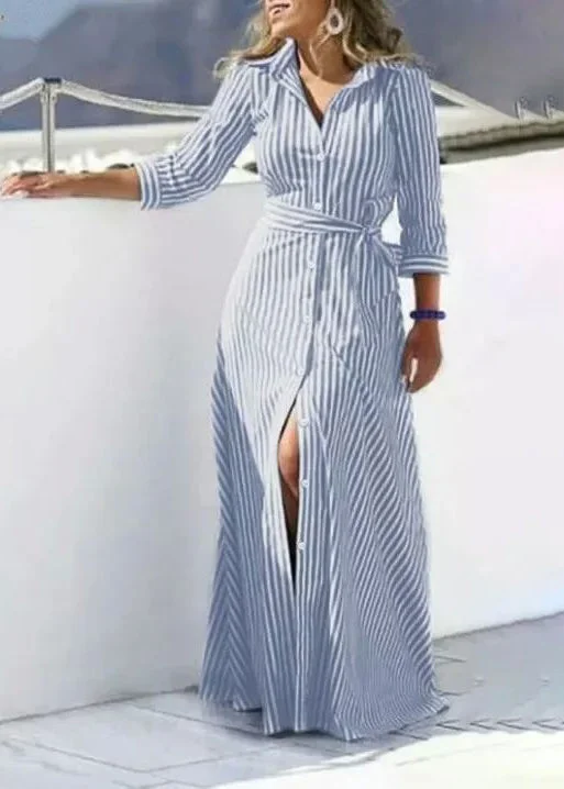 Women Blue Striped Tie Waist Cotton Shirt Dress Summer
