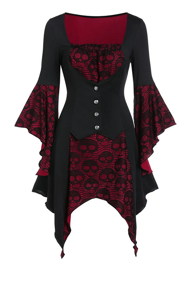 Gothic Claret Halloween Patchwork Lace Skull Lace Up Buttons Asymmetric Hem Midi Dress