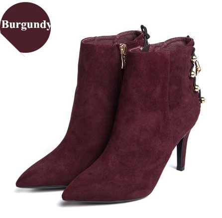 Women's Burgundy Suede Silver Studs Stiletto Boots Ankle Boots |FSJ Shoes