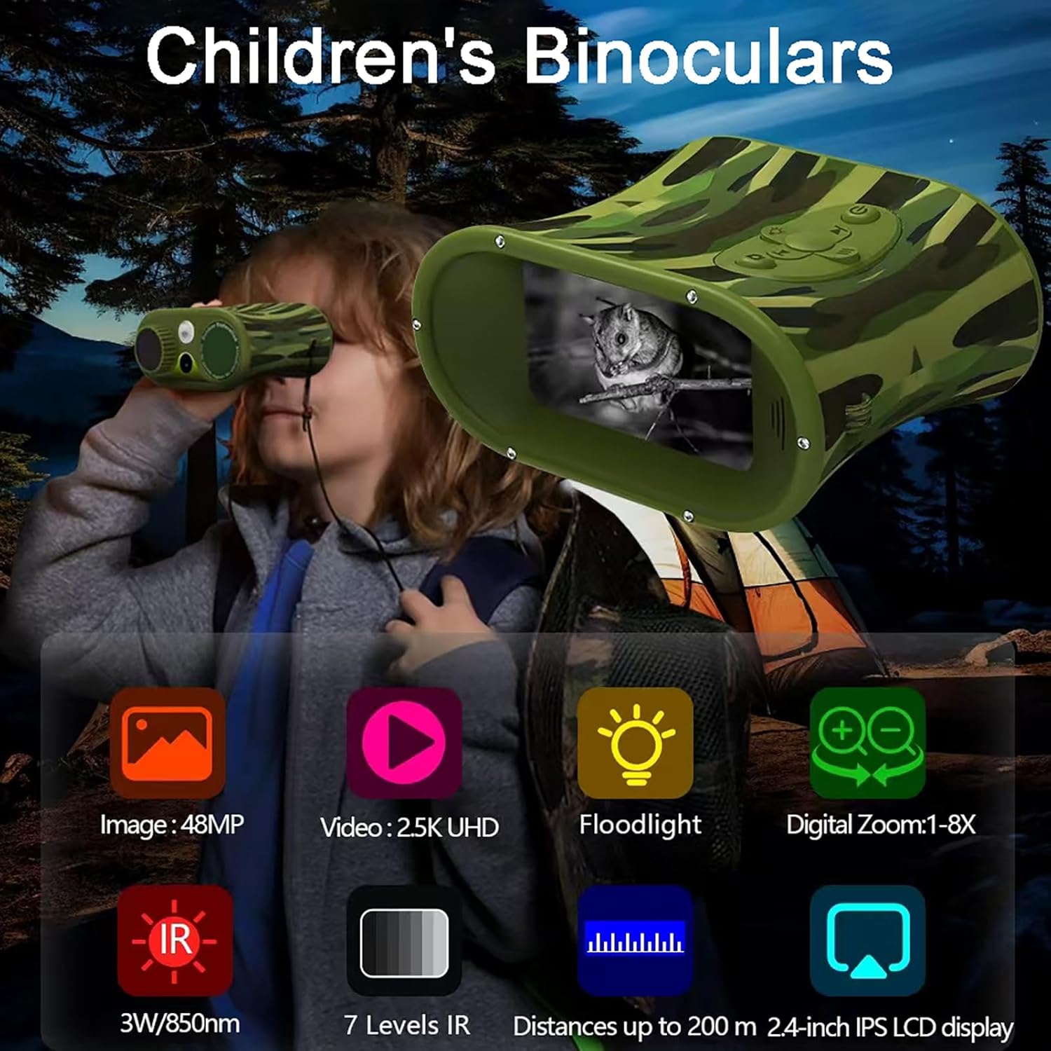 BekinTek Kids Night Vision Binoculars Rechargeable Digital Telescope NVG Infrared Goggles Full Dark Observing Scope 7x IR Adjustment 8x Zoom 2.5K Video Playback 48M Photo 2.4 Inches Large HD Screen with 32G TF Card for Children Day Night Camping Hiking 2