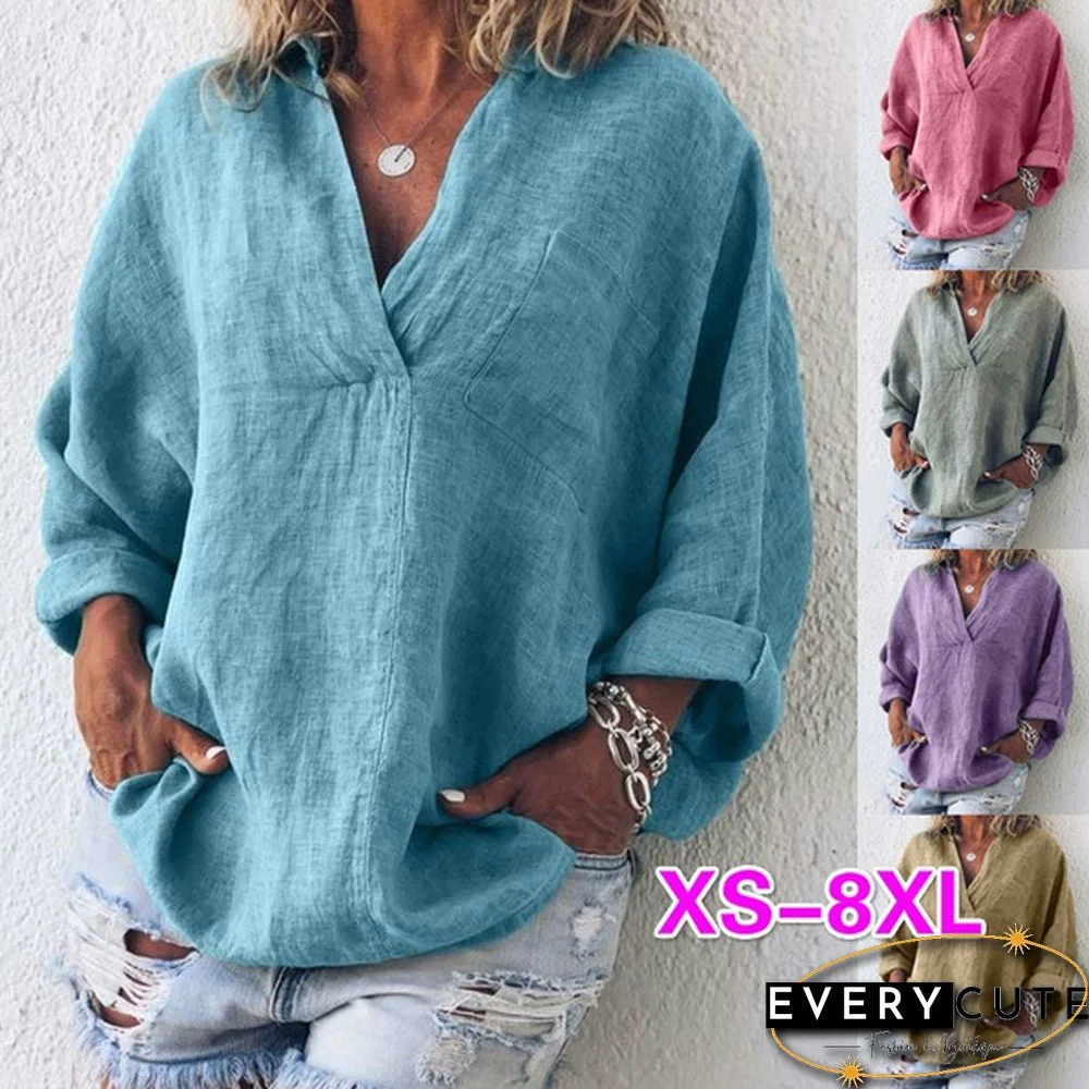 XS-8XL Autumn Tops Plus Size Fashion Clothes Women's Casual Long Sleeve Tee Shirts Deep V-neck Tunic Tops Ladies Blouses Pullover Loose T-shirts Solid Color Linen Blouses