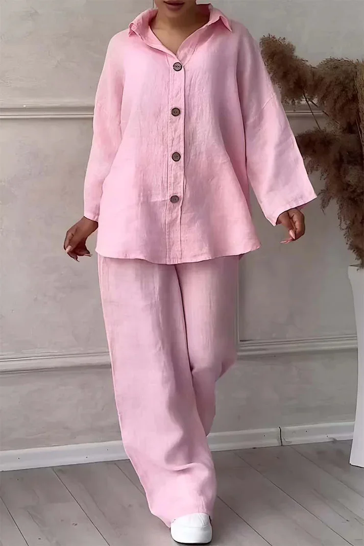 Women's 2-piece set Large size cotton and linen shirt suit High waist loose trousers socialshop