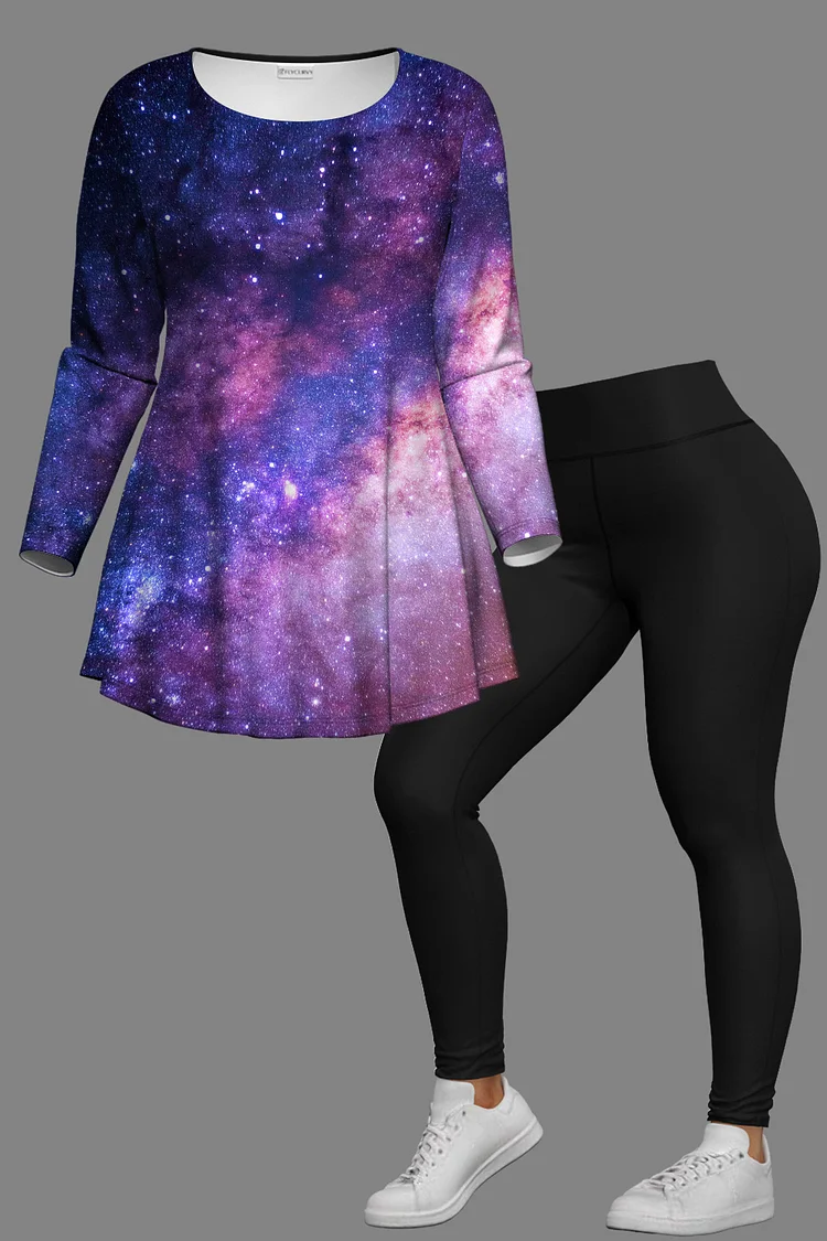 Flycurvy Plus Size Casual Purple Starry Sky Galaxy Print Long Sleeve Two Piece Pant Set  Flycurvy [product_label]