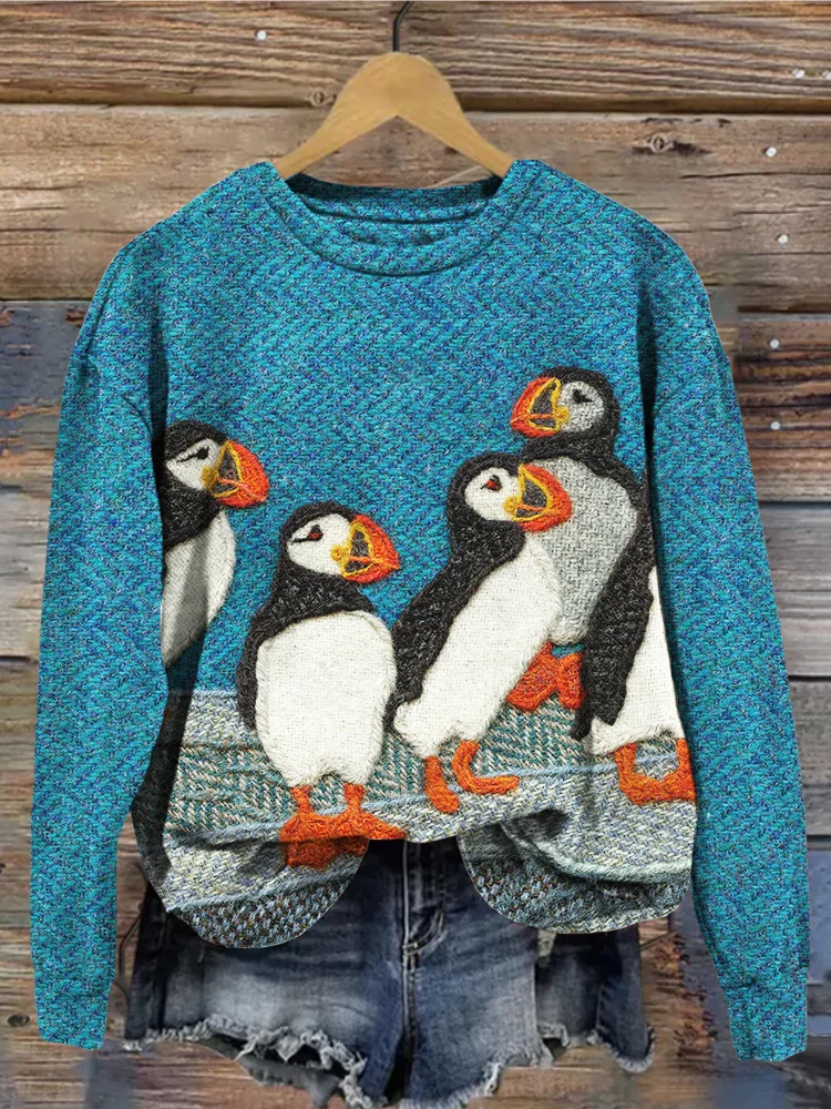 VChics Lovely Puffins Knit Art Vintage Comfy Sweatshirt