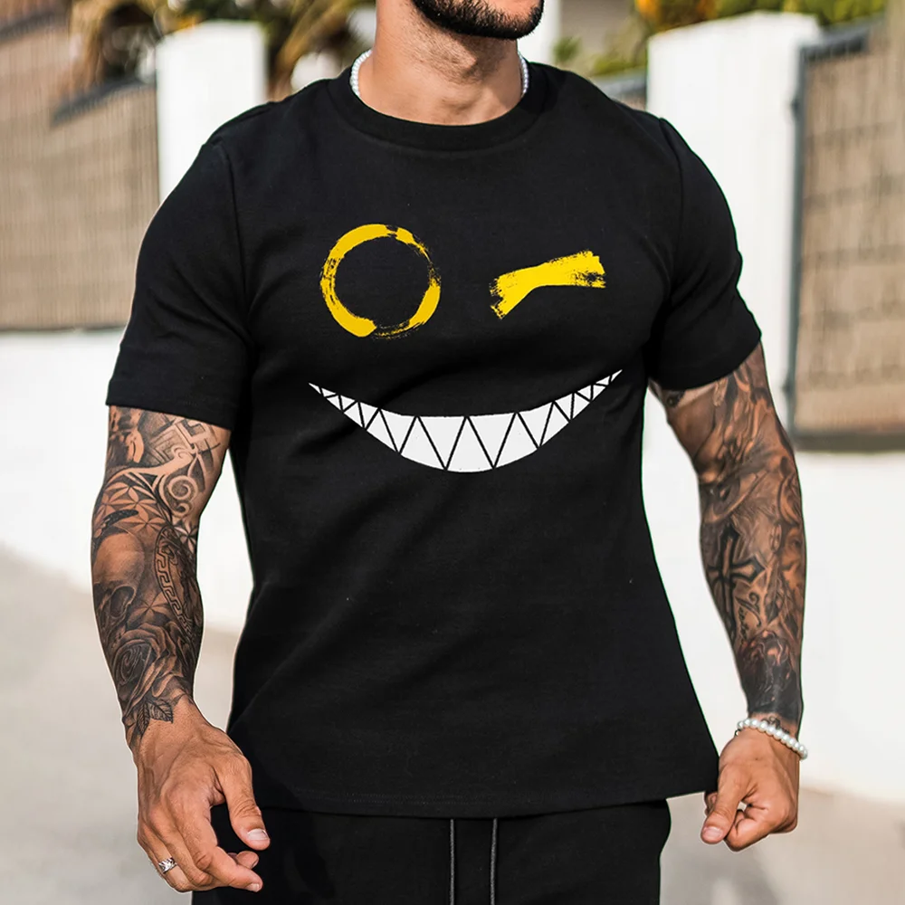 Men's Fashion Smiley Print Short Sleeve T-Shirt Casual Crew Neck Top、、URBENIE
