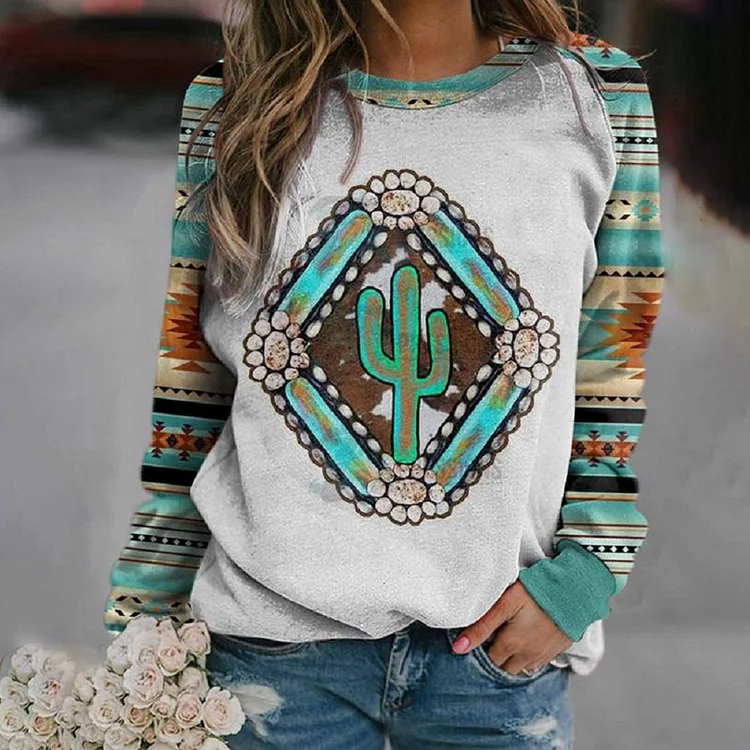 Western Print Long Sleeve Round Neck Sweatshirt