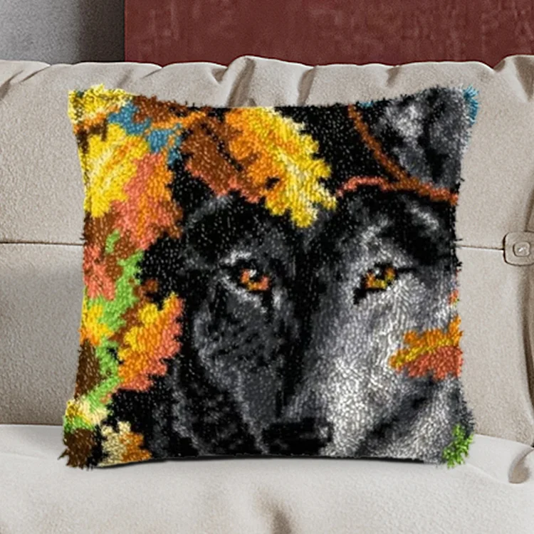 Black Wolf Pillowcase Latch Hook Kits for Adult, Beginner and Kid veirousa