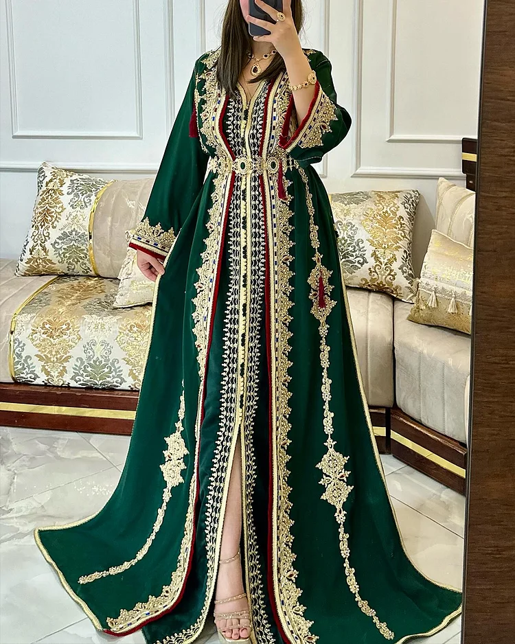 Women's V Neck Long Sleeve Embroidered Dress