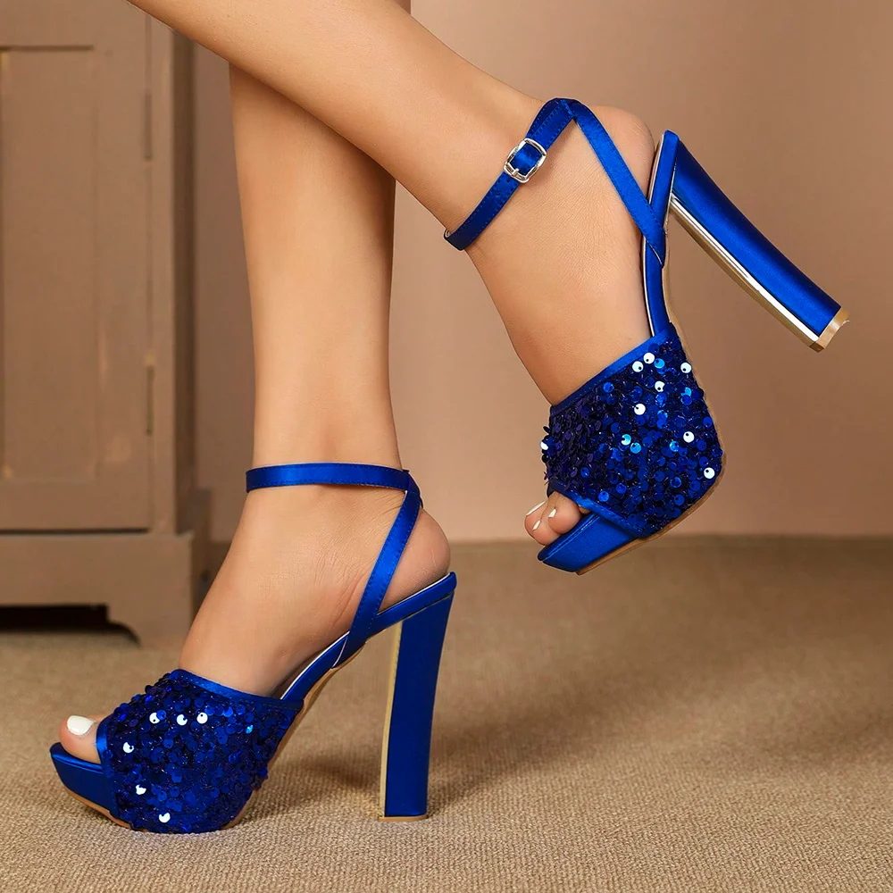 Royal Blue Satin Ankle Strap Heels Open Toe Sequin Platform Sandals Nicepairs